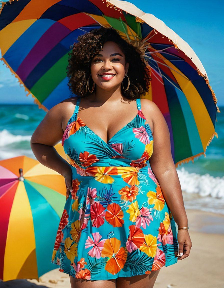 A fashionable plus-size woman confidently showcasing her curves in vibrant beachwear, standing playfully on a sunny beach with colorful umbrellas and ocean waves in the background. Include diverse body shapes and styles in the scene, celebrating body positivity with joyful colors. Bright, tropical vibes enhance the image. super-realistic. vibrant colors. sunny atmosphere.